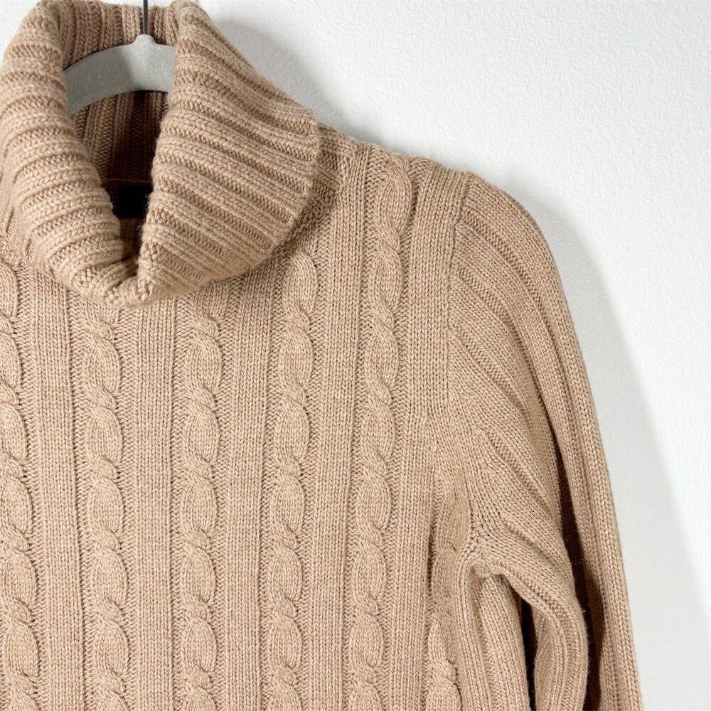 J. Crew Cambridge Cable Chunky‎ Knit Turtleneck Size S Tan Wool Blend Academia - Picture 2 of 11